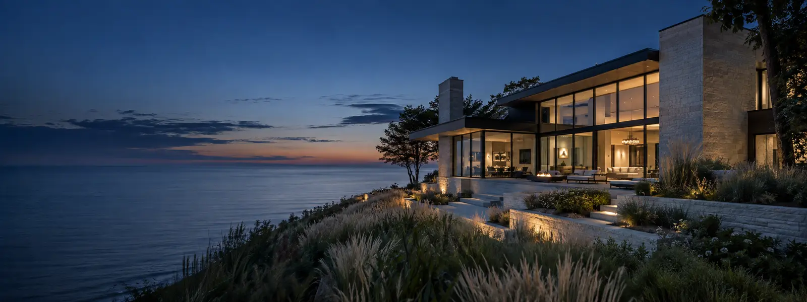 Contemporary lakefront residence at blue hour