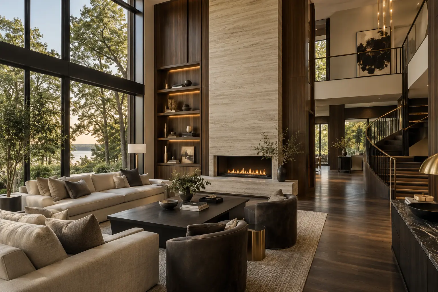 Luxury living room with walnut millwork and stone fireplace